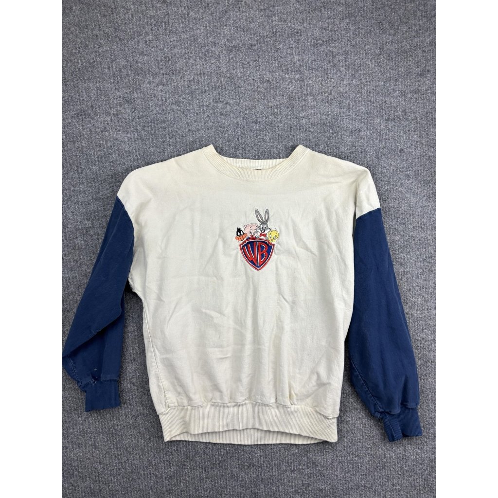Vintage Looney Tunes Sweatshirt Mens Small Cream Navy Crewneck Made Usa 90s